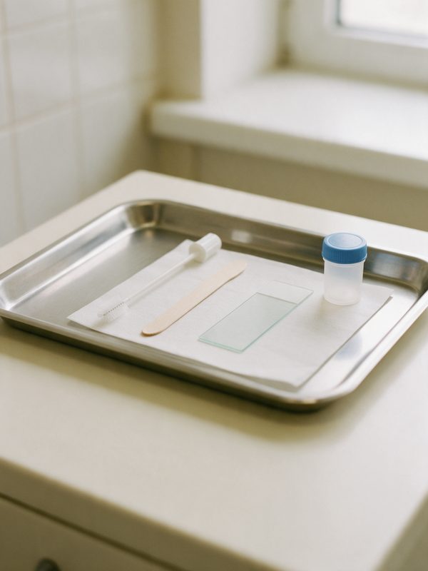 Bandeja com escova de coleta, espátula, lâmina e frasco para o exame preventivo.